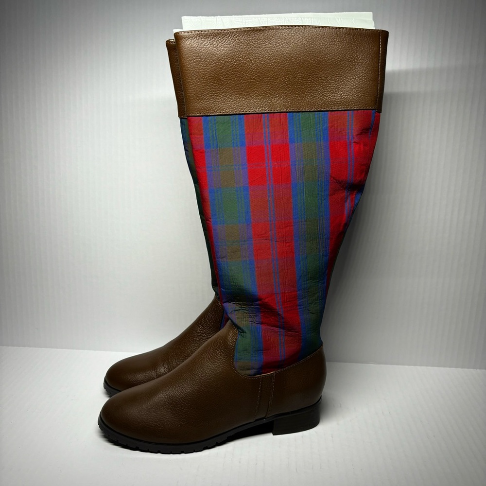 Jeffery Banks - Brown Leather Knee-High Boots with Red & Green Plaid Shaft - Picture 3 of 6